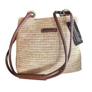 Connections NWT Vintage Woven Straw Shoulder Bag Brown Leather Straps
